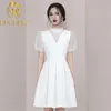 Arvials Office Lady Stand Neck Chiffon Puff Korta Ärmar Mesh Lace Patchwork Kvinnor Party Mini Dress White 210506