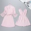 Marque sexy femmes robe robe ensembles twinest peignoir + mini robe de nuit deux pièces vêtements de nuit femmes sommeil ensemble fausse soie 210607