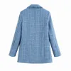 BBWM Tweed femmes élégant bleu Blazers mode dames Vintage ample Blazer vestes décontracté femme Streetwear costumes filles Chic 210520