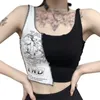 2021 Kobiety Goth Ciemny Punk Style Patchwork Tank Topy Estetyczne List Graficzny Drukuj Kobiety Crop Top RękawelStreetwear Nowy X0507