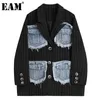 [EAM] Women Black Striped Spliced Denim Pockets Blazer Notched Long Sleeve Loose Jacket Fashion Spring Autumn 1DD5882 210512