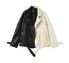 FTLZZ – veste en Faux cuir pour femmes, printemps-automne, revers, noir, Beige, épissure, Pu, Moto, manteau doux, vêtements d'extérieur amples avec ceinture
