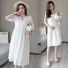 1695# V Neck High Waist Slim Maternity Party Dress Sweet Lovely Hollow Out Cotton Clothes for Pregnant Women Summer Pregnancy 210922