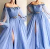 2021 Fairy Sky Blue Balklänningar Applikationer Pearl A Line Jewel Poet Långa ärmar Formella aftonklänningar Front Split Plus Size vestidos de fiest