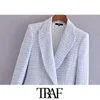 TRAF mujer moda doble botonadura Tweed Check Blazer abrigo Vintage manga larga bolsillos mujer prendas de vestir exteriores Chic Veste 210930
