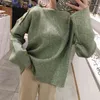 Women Sweater Beige Green Button Slash Neck Loose Solid Elegant Autumn M0100 210514