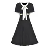 Elegant Vintage Knitted Pleated Dress Women Short Sleeve Bow Collar A-line Dresses Fashion Ladies Party Vestidos Femme 210518
