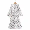 Spring Women Flower Printing V Neck Sashes Midi Dress Female Three Quarter Sleeve Clothes Casual Lady Loose Vestido D7353 210430