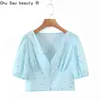 Sommar V-hals Vit Daisy Print Puff Sleeve Single-Breasted Kort Skjorta Skjorta Top Kvinnor Pastoral Style Casual 210508