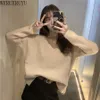 WERUERUYU V Neck Casual sweter z długim rękawem Loose Koreański Styl Solidny Sweter Kolor Oversized Knitting Tops Kobieta 210608