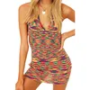 V Neck Dzianiny Sukienka Bodycon Blue Women Halter Backless Bandaż Summer Beach Bez Rękawów Sexy Kolor Mini Suknie Kobiet 210522