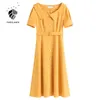 FANSILANEN Office Lady French Retro High Waist Short Sleeve Dress Women Summer Beige Yellow A-line Skirt Clothes 210607