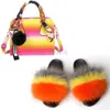 Furry Fur Slides Mulheres Arco-íris Saco De Ombro Real Fox Raccoon Chinelos De Peles Jelly Bolsa Set Feminino Futebol Fur Slipper Handbags Set X0925