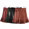 4 colors Chic Pu Leather Mini Skirt with Belt Za Fashion Women High Waist Pleated Skirts Casual Streetwear Party Faldas 210724