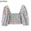 Sweet Women Floral Print Holiday Boho Top Sexy V-hals Puff Sleeve Crop Blusas Mujer Fashion Summer S 210514