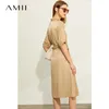 Minimalism Spring Summer Fashion Vneck High Waist Solid Women Dress Causal Belt Knee-length Female 1102 210527