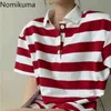 Nomikuma Drehen Unten Kragen Gestreiften T-shirt Frauen Kontrast Farbe Casual Lose Alle-spiel T-shirts Koreanische Stil Chic Tops tees 210514