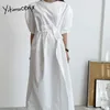 Yitimuceng Ruffles Dresses for Women Lace Up Puff Sleeve Elastic Waist Khaki White Black Summer Korean Fashion Dress 210601
