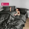 Sondesonのホームテキスタイルの女性100％シルクダークグレーの寝具セット美容クイーンキング羽毛布団カバーセットベッドシートフィットシートピローケース210319