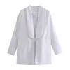 オフィスの女性ポケットのためのソリッドホワイトラペルファッションブレザーカジュアルなアウトウェアストリートウェアビンテージガール210430