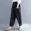 Pantaloni casual a righe larghe da donna in stile autunno primavera Pantaloni elastici in cotone e lino Harem Plus Size S59 210512