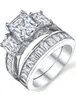 Eheringe Choucong Marke Einzigartiger Luxusschmuck 925 Sterling Silber Drei Stein Princess Cut 5A Zirkonia Brautring Set