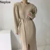 Neploe Eleganr knit klänning Kvinnor Koreanska Chic Robe Vinter Kläder Temperament Puff Sleeve Lace Up Vestidos Split Maxi Klänningar 210422