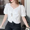 夏のフランス語デザイン正方形の襟半袖シフォンシャツホワイトブラウストップスとケミシアフェムメ10030 210427