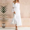 Moonbiffy Summer Sundress Women White Beach Strapless Long Sleeve Loose Sexy Off Shoulder Lace Boho Cotton Maxi Dress Q190511