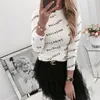 Bodycon Woman Tshirts Jesień Z Długim Rękawem T Shirt List Drukuj Topy Kobiety Biały Czarny Odzież Kobieta Ropa Mujer 210317