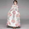 Runway Maxi Dress Spring Autumn Women's Single-Breasted Long Sleeve Turn Down Collar High Waist Vintage Printed Long Dress 210514