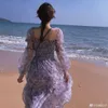 Summer Lace Elegant Midi Dres Puff Sleeve Square Collar Boho Beach Floral Dress Female Party Korean 210915