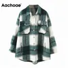 Aachoee solta casual lãs xadrez mulheres mulheres giram colarinho moda casaco com bolsos outono de manga longa senhoras casacos casacos 210928