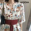 Japan Stil Kvinnor Chiffon Sashes Maxi Klänning Sommar V-Neck Flare Sleeve Floral Klänningar Ladies Elegant Kimono Robe 210521