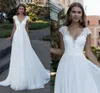 Bohemian Bröllopsklänning V-Neck Cap Sleeve A Line Boho Simple Bridal Gowns Vestido de Noiva 2021 Elegant Plus Storlek Bride Dresses