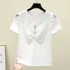 Biały Tees T Shirt Kobiety Lato Top Casual Krótki Rękaw Hollow Out Tshirt Bawełniana Koszulka Topy Koszulka Koszulka Femme Dobra Jakość 210604