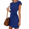 Jocoo Jole Kvinnor Sommar Kortärmad O Neck T-shirt Klänning Casual Slim Lace Up Bow Mini Dress Bomull Slim Tröja Klänningar 210518