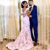2021 Arabisch Sexy Roze Mermaid Prom Dresses Off Schouder Illusie Kant Applicaties Crystal Beaded Tule Sheer Avondjurk Party Pageant Formal Toga Sweep Train