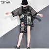 Xitao Hollow out splice grade mulheres camiseta verão plus size streetwear roupa coreana roupas de impressão letra preto net tops wbb3401 210324