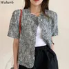 クルーネックジャケット半袖コート女性夏韓国のシックなウールシングルブレストトップカーディガンファッションレディーコート210519