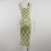 Plaid Summer Bodycon Dress Women Midi Knit Sleeveless Hollow Out V Neck Sexy Casual Green Beach Dresses