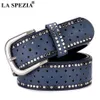 SPEZIA PU LEATHER BELE Women Rivet Pin Buckle Belt för byxor Female Navy Designer Brand Hollow Rivet Leather Dies Belt Q06256467649