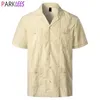 Men's Traditional Cuban Camp Collar Guayabera Shirt Short Sleeve Embroidered Mexican Caribbean Style Beach with 4 Pocket 210708