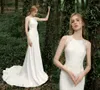 Elegancka Sukienka Mermaid Weddding Sheer Illusion Back Sweep Pociąg Aplikacje Koronki 2021 Satynowe suknie ślubne Vestidos de Mairee