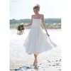 Little White Dresses Boho Short Strapless Summer Beach Bröllopsklänning Tea Längd Backless Bridal Gown Plus Storlek Robe de Mariée