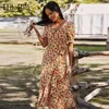 Blumendruck Boho Strand Langes Kleid V-Ausschnitt Elegante Dame Wrap es Schmetterling Kurzarm Sommer Party Vestidos 210508