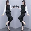 Office Workwear Two Piece Sets Outfits Women Lantern Sleeve Patchwork Tunics Tops + Straight Pants Suits Fashion Korean Set 210513