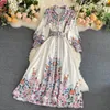 Spring Autumn Women's Long Dress Printed Sleeve Breasted Belt Sashes Retro Ethnic Style LL011 210506