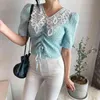 Été Chic doux dentelle Patchwork col en V rose à manches courtes Blouse femmes serré cordon hauts Blusas mode chemises rétro 210429