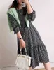 Японскихsev Vaily Print с длинным рукавом платья для женщин весна O-шеи Flunced Edge Vestido Mujer Slim талия женская одежда 210514